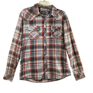 BKE Vintage Western Shirt Mens Large Distress Pearl Snap Red‎ Gray Plaid Pockets
